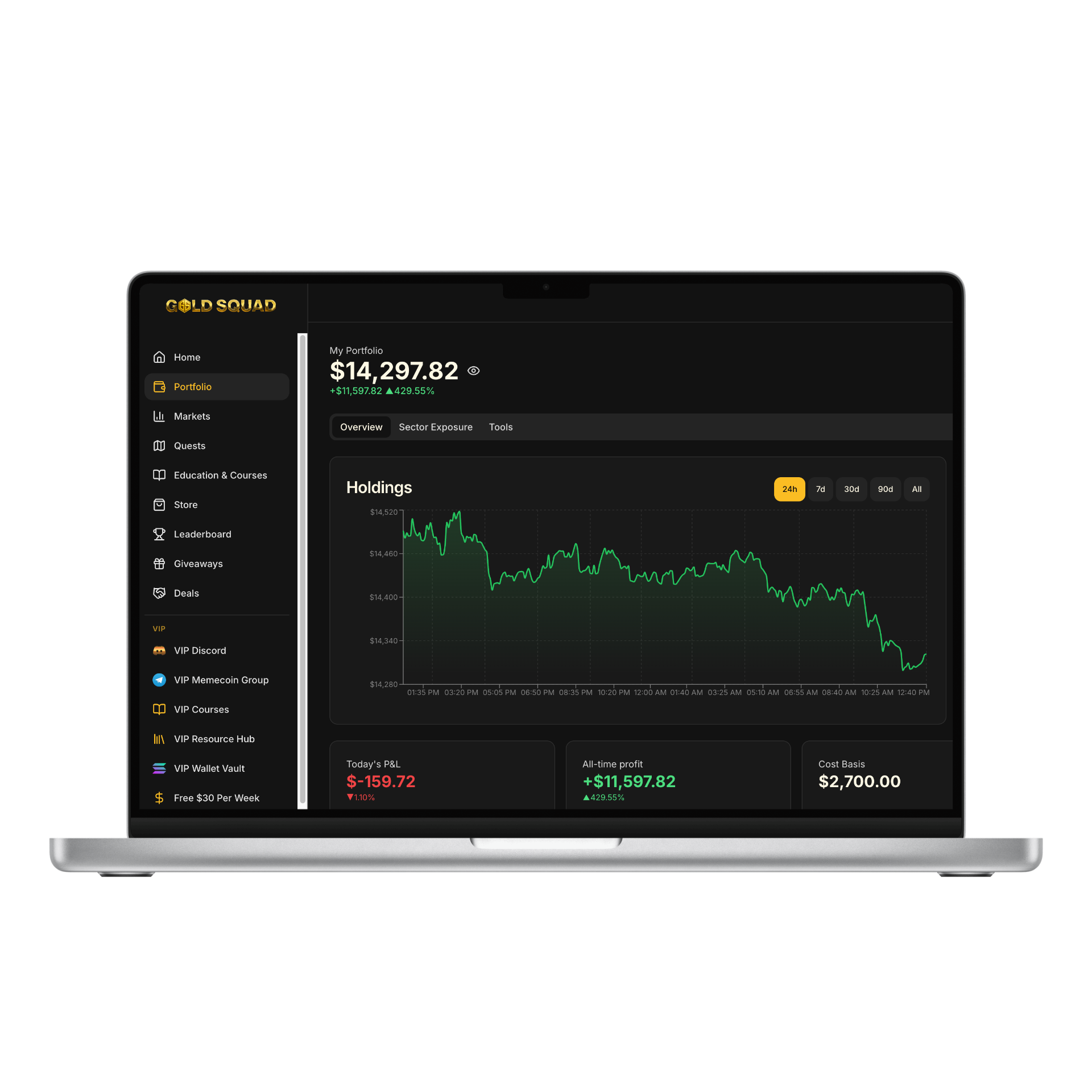 Gold Squad App - Portfolio tracking dashboard showing holdings, P&L, and market data