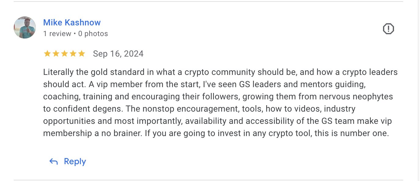 Mike Kashnow 5-star Google review - Gold Squad is the gold standard in crypto communities