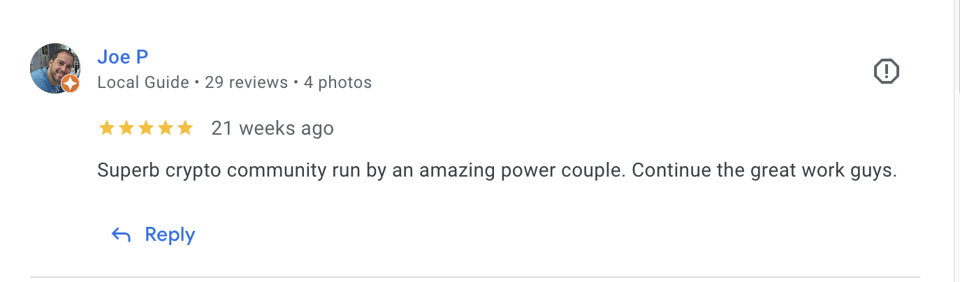 Joe P 5-star Google review - Superb crypto community run by an amazing power couple